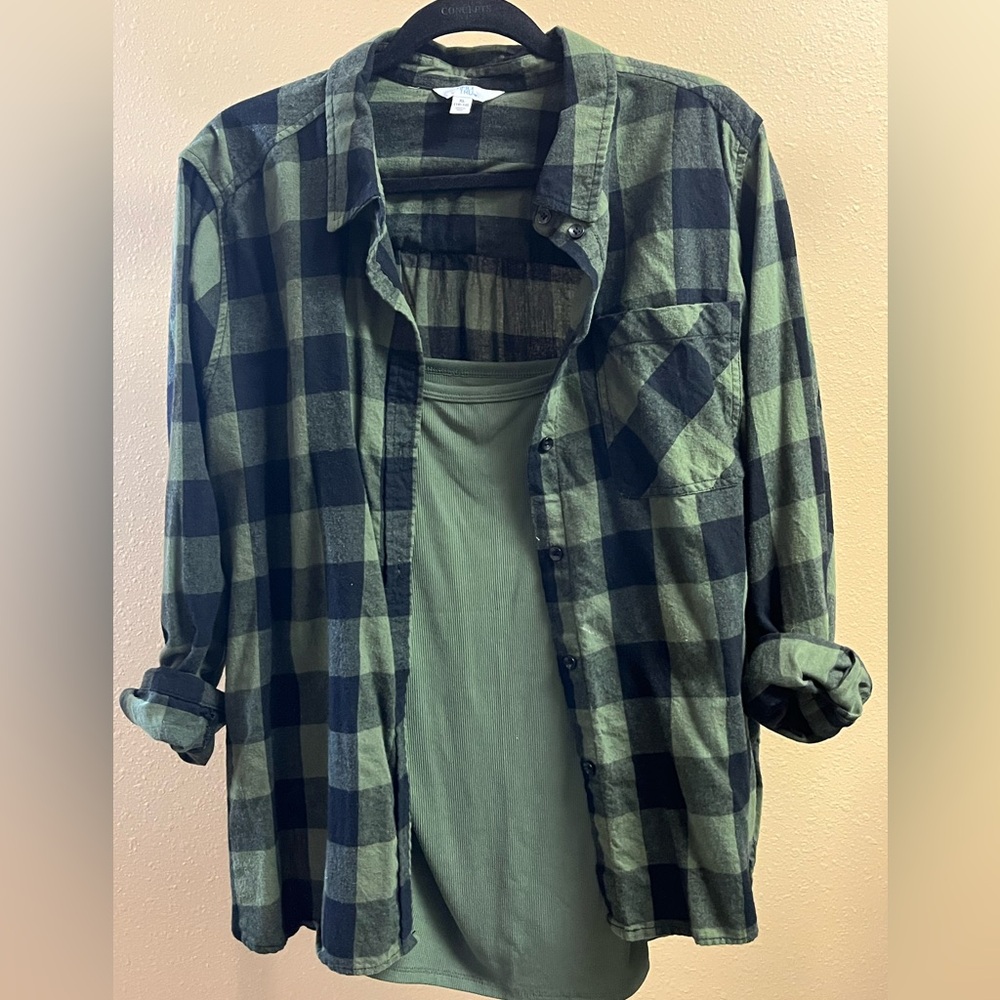 Dark Olive Plaid Flannel Shirt and Tank Top - Picture 2 of 7